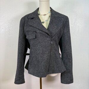 Lauren Ralph Lauren Sz 14 100% Lambswool Grey Tweed Moto Bomber Jacket Blazer